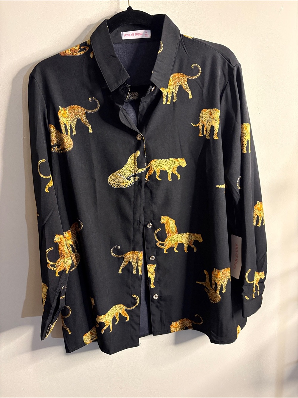 Black Button-Down Shirt with Gold Leopard Print by Ana & Rose